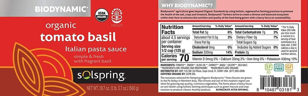 Dr. Mercola Solspring Biodynamic Organic Tomato Basil Italian Pasta Sauce 19.7oz